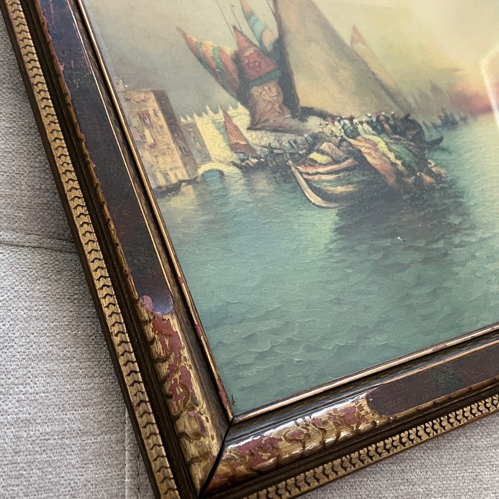Framed Venetian Harbor Sailboat Painting in Teal and Gold - Picture 10 of 12
